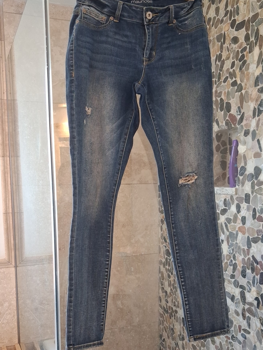 Maurices Faded Dark Blue Skinny Jeans with Distressed Knees Size S-Reg